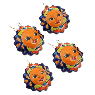 Ceramic ornaments, 'Afternoon Sun' (set of 4) - Talavera Ceramic Floral Sun Ornaments from Mexico (Set of 4)