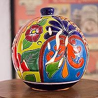 Ceramic lantern, 'Round Talavera' - Round Talavera-Style Ceramic Lantern from Mexico