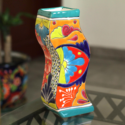 Ceramic vase, 'Wavy Talavera' - Wavy Talavera-Style Ceramic Floral Vase from Mexico