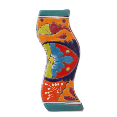 Ceramic vase, 'Wavy Talavera' - Wavy Talavera-Style Ceramic Floral Vase from Mexico
