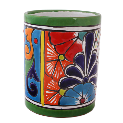 Ceramic vase, 'Colorful Bouquet' - Cylindrical Talavera-Style Ceramic Vase from Mexico