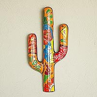 Escultura de pared de cerámica, 'Talavera Saguaro' - Escultura de pared de cerámica estilo cactus talavera pintada a mano