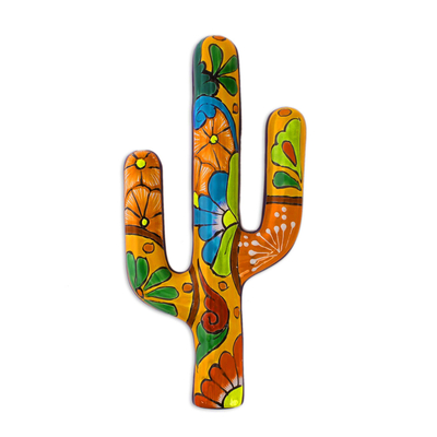 Ceramic wall sculpture, 'Talavera Saguaro' - Hand-Painted Cactus Talavera-Style Ceramic Wall Sculpture