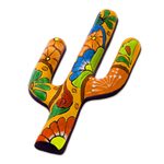 Ceramic wall sculpture, 'Talavera Saguaro' - Hand-Painted Cactus Talavera-Style Ceramic Wall Sculpture