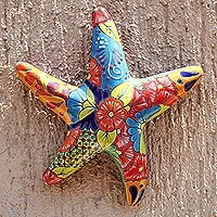 Escultura mural de cerámica - Escultura de pared de estrella de mar de cerámica estilo talavera pintada a mano