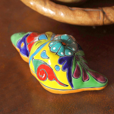 Ceramic sculpture, 'Talavera Conch' - Talavera Style Ceramic Conch Sculpture from Mexico