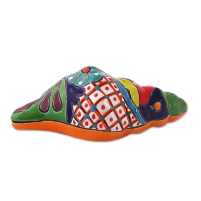 Keramikskulptur „Talavera Conch“ – Keramik-Muschelskulptur im Talavera-Stil aus Mexiko