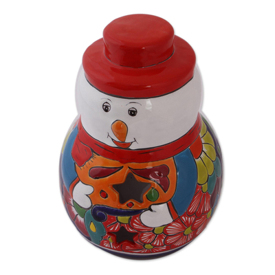 Ceramic candle holder, 'Snowman Glow' - Snowman Talavera Ceramic Candle Holder from Mexico
