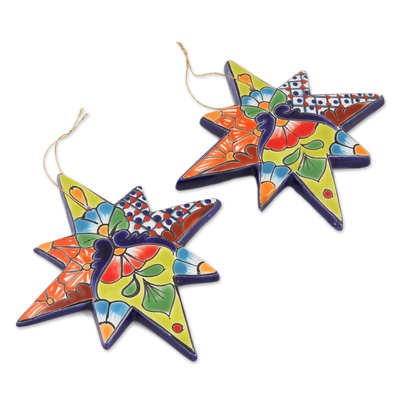 Ceramic ornaments, 'North Star' (pair) - Star-Shaped Talavera Ceramic Ornaments from Mexico (Pair)