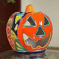 Ceramic candle holder, 'Jolly Jack-O-Lantern' - Floral Jack-O-Lantern Talavera Ceramic Candle Holder