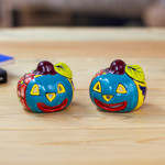 Ceramic tealight holders, 'Bright Jack-O-Lantern' (pair) - Jack-O-Lantern Talavera Ceramic Tealight Holders (Pair)