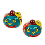 Ceramic tealight holders, 'Bright Jack-O-Lantern' (pair) - Jack-O-Lantern Talavera Ceramic Tealight Holders (Pair)