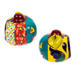 Ceramic tealight holders, 'Bright Jack-O-Lantern' (pair) - Jack-O-Lantern Talavera Ceramic Tealight Holders (Pair)