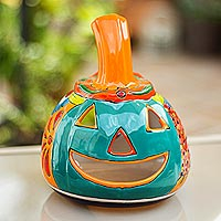 Portavelas de cerámica, 'Happy Jack-O-Lantern' - Portavelas de cerámica estilo Talavera Jack-O-Lantern