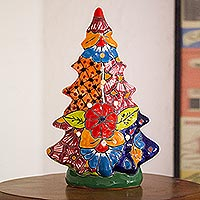 Ceramic lantern, 'Christmas Glow' - Christmas Tree Talavera Ceramic Lantern from Mexico