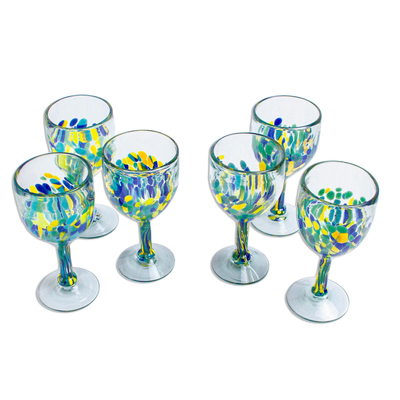 Recycled glass wine glasses, 'Tropical Confetti' (set of 6) - Colorful Recycled Wine Glasses from Mexico (Set of 6)