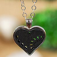 Sterling silver and ceramic pendant necklace, 'Barro Negro Heart' - Sterling Silver and Barro Negro Ceramic Heart Necklace