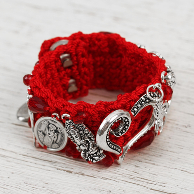 Glass beaded charm bracelet, 'Passionate Blessing' - Glass Beaded Charm Bracelet in Crimson from Mexico