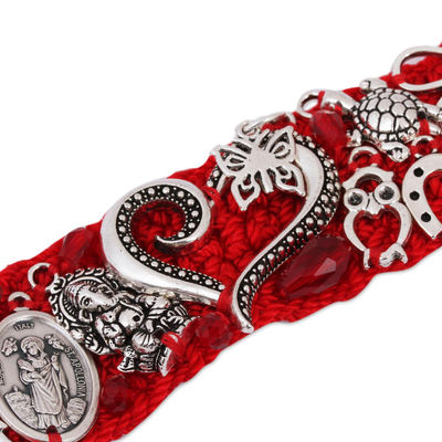 Glass beaded charm bracelet, 'Passionate Blessing' - Glass Beaded Charm Bracelet in Crimson from Mexico