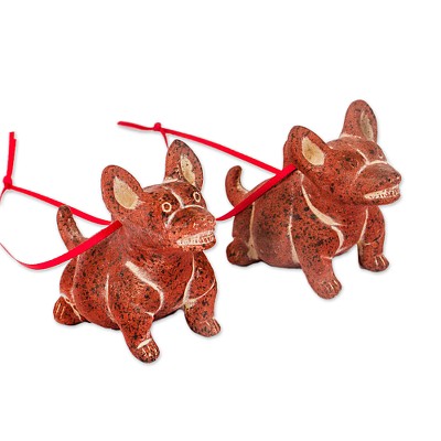 Ceramic ornaments, 'Smiling Dogs' (pair) - Rustic Ceramic Dog Ornaments from Mexico (Pair)