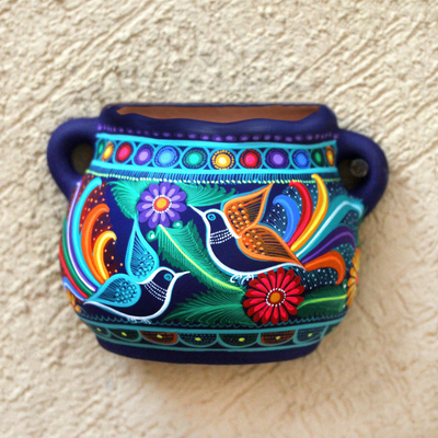 Ceramic wall planter, 'Desires of the Garden' - Hand-Painted Floral Ceramic Wall Planter from Mexico