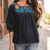 Cotton blouse, 'Pumpkin Flowers' - Navy Cotton Blouse with Floral Embroidery from Mexico