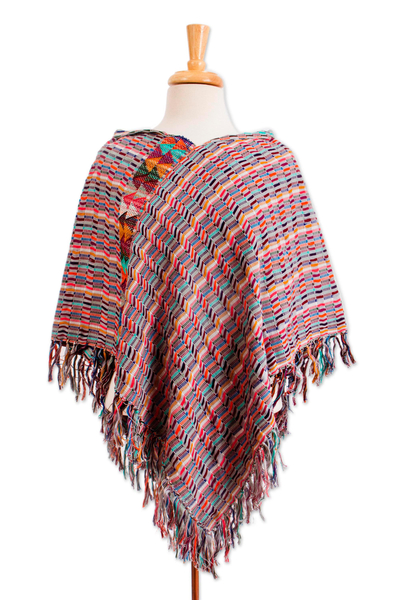 Baumwollponcho, 'Farbe des Morgens - Mehrfarbig gestreifter Baumwoll-Poncho aus Mexiko