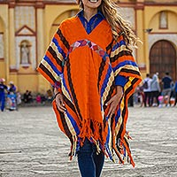 Cotton poncho, 'Vermilion Style' - Striped Cotton Poncho in Vermilion from Mexico