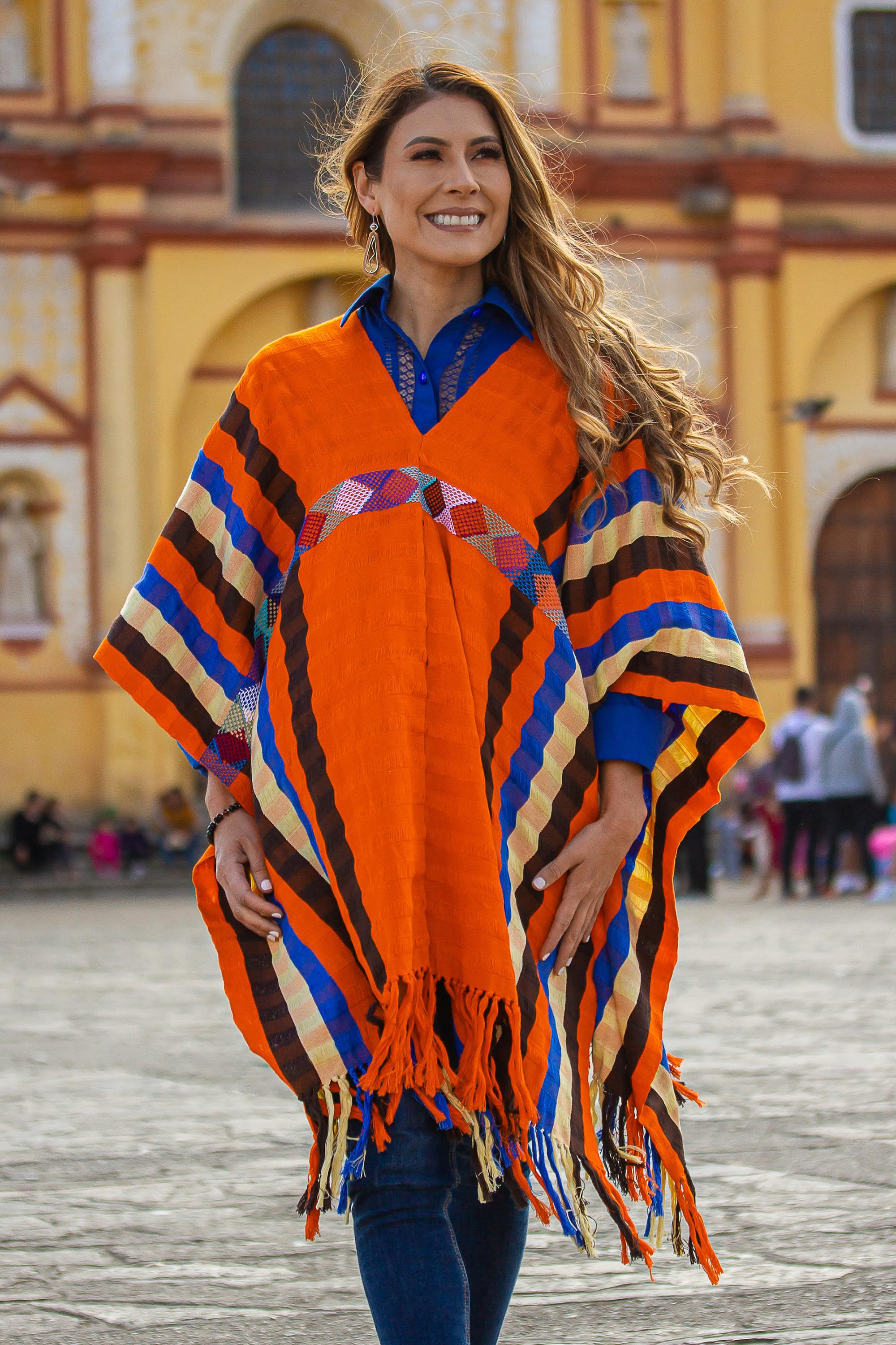 Striped Cotton Poncho in Vermilion from Mexico, 'Vermilion Style