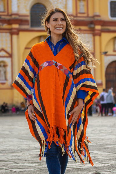Cotton poncho, 'Vermilion Style' - Striped Cotton Poncho in Vermilion from Mexico