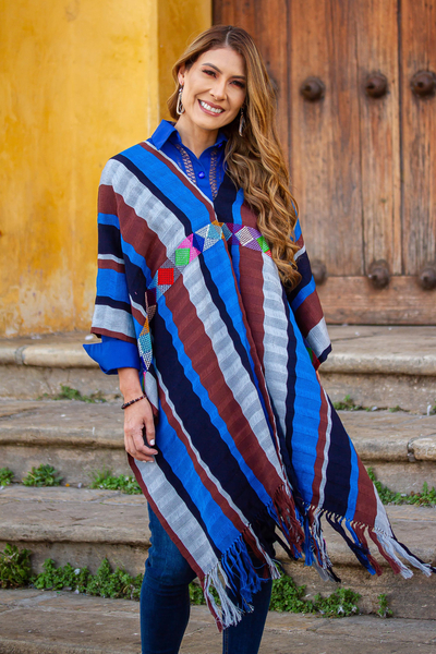 Cotton poncho, 'Stripes and Geometry' - Striped Cotton Poncho Woven on a Backstrap Loom from Mexico