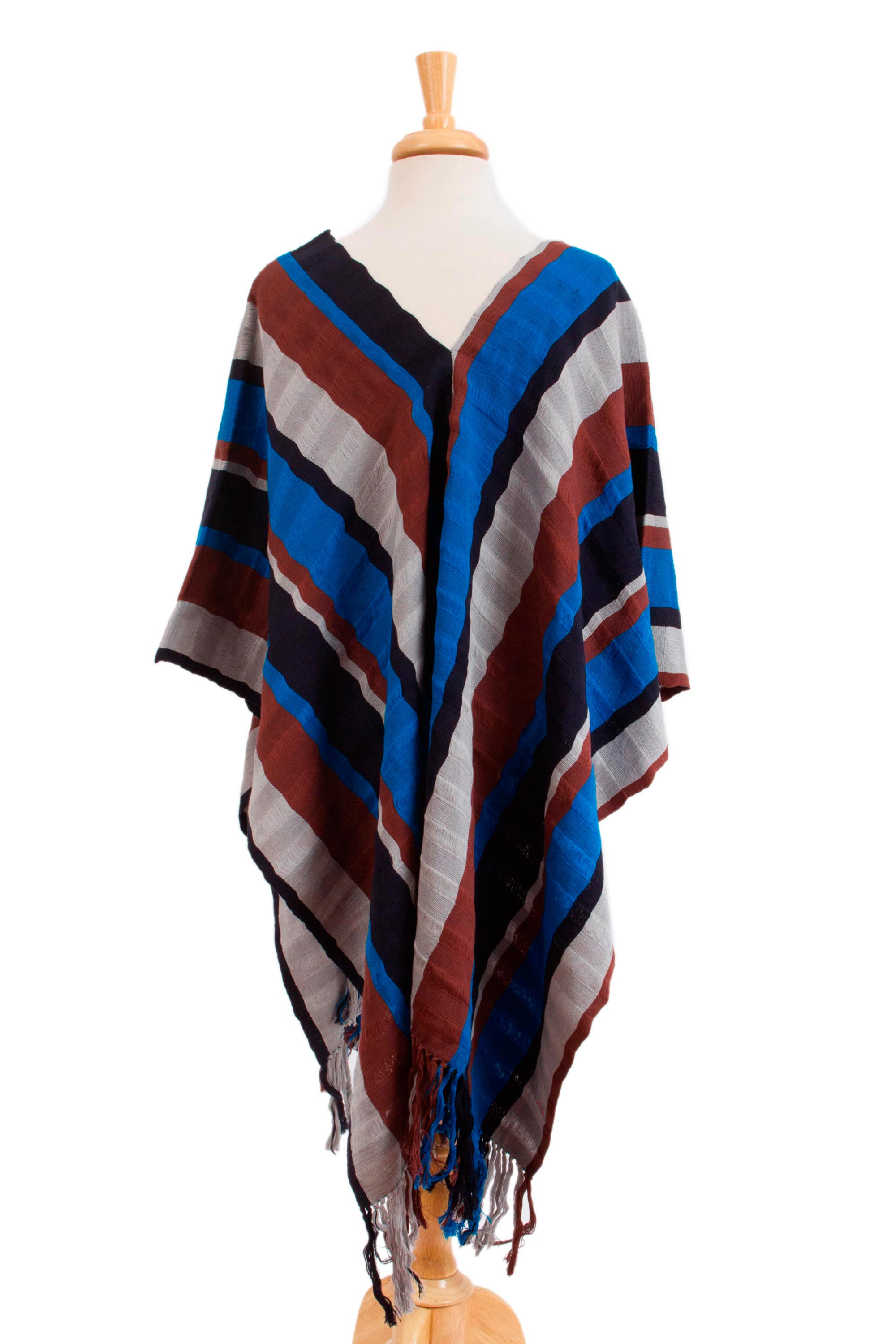 Striped Cotton Poncho Woven on a Backstrap Loom from Mexico - Stripes ...