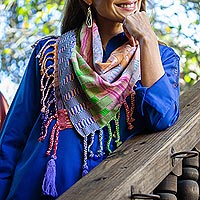 Bufanda de algodón, 'Tonos Elegantes' - Bufanda de algodón cuadrada multicolor tejida a mano en México