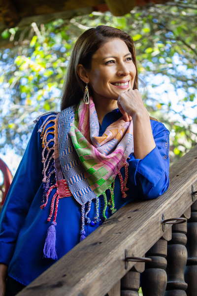 Bufanda de algodón - Bufanda Cruzada de Algodón Cuadrada Multicolor Tejida a Mano en México