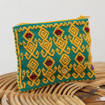 Cotton coin purse, 'Beauty of the Season' - Geometric Cotton Coin Purse in Saffron and Emerald