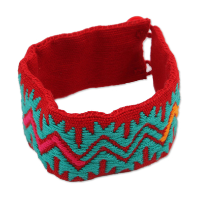 Crimson and Viridian Cotton Wristband Bracelet from Mexico