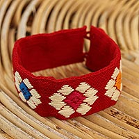 Cotton wristband bracelet, 'Geometric Colors' - Handwoven Cotton Wristband Bracelet in Crimson from Mexico