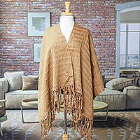 Cotton shawl, 'Luscious Golden Tan' - Hand Woven 100% Cotton Camel Fringed Shawl from Mexico