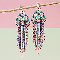 Agate beaded waterfall earrings, 'Rain of Spring' - Agate and Glass Beaded Waterfall Earrings in Multicolor