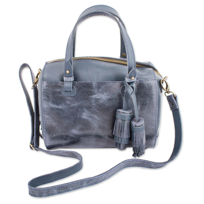 Leather travel bag, 'Tasseled Traveler in Navy' - Handmade Leather Travel Bag in Navy from Mexico