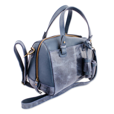 Leather travel bag, 'Tasseled Traveler in Navy' - Handmade Leather Travel Bag in Navy from Mexico