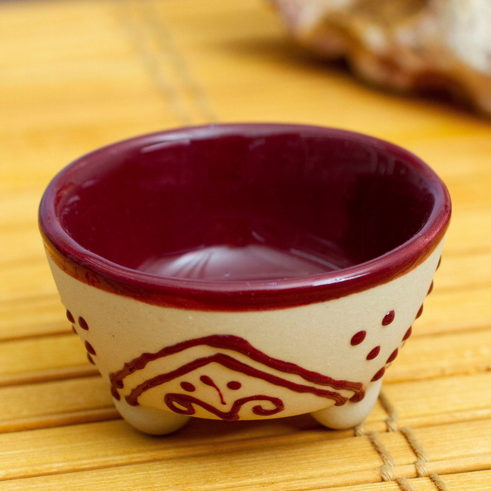 Hand-Painted Ceramic Pinch Bowl in Maroon - Maroon Lines