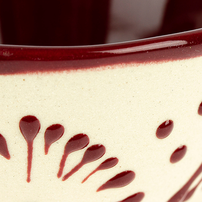 Ceramic pinch bowl, 'Maroon Lines' - Hand-Painted Ceramic Pinch Bowl in Maroon