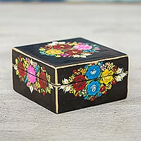 Wood decorative box, 'Black Bouquet' - Hand-Painted Floral Wood Decorative Box in Black from Mexico