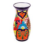 Ceramic vase, 'Colorful Curves' - Curvy Talavera-Style Ceramic Vase Crafted in Mexico