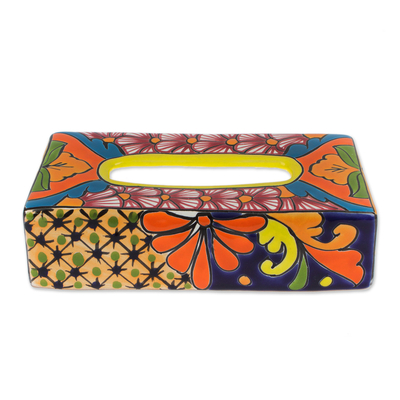 Ceramic tissue box cover, 'Hacienda Convenience' - Floral Talavera-Style Ceramic Tissue Box Cover from Mexico