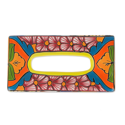 Abdeckung für Taschentuchboxen aus Keramik - Floraler Taschentuchbox-Bezug aus Keramik im Talavera-Stil aus Mexiko