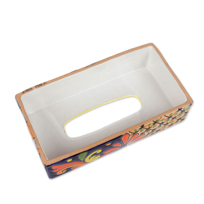 Tapa de caja de pañuelos de cerámica - Cubierta de caja de pañuelos de cerámica estilo talavera floral de México