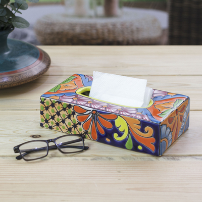 Ceramic tissue box cover, 'Hacienda Convenience' - Floral Talavera-Style Ceramic Tissue Box Cover from Mexico
