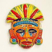 Máscara de cerámica, 'Chicha Penacho' - Máscara azteca de cerámica estilo talavera hecha a mano en México